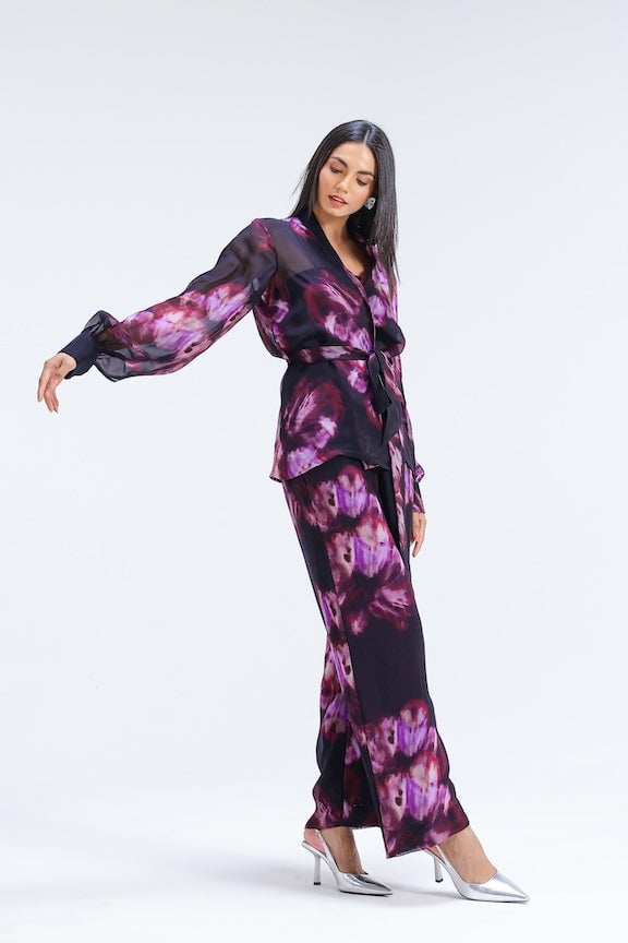 Plum Printed Organza Wrap Jacket and Straight Pants Co-ord Set