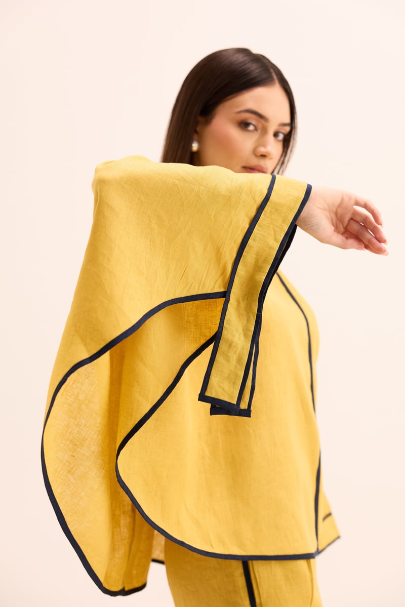 Ochre Linen Cape Top and Wide-Leg Pants Co-ord Set
