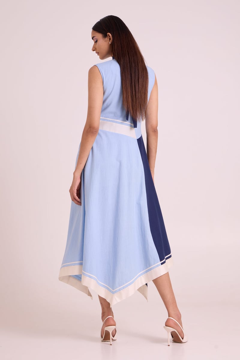 Ice Blue and Navy Colorblock Asymmetrical Midi Dress