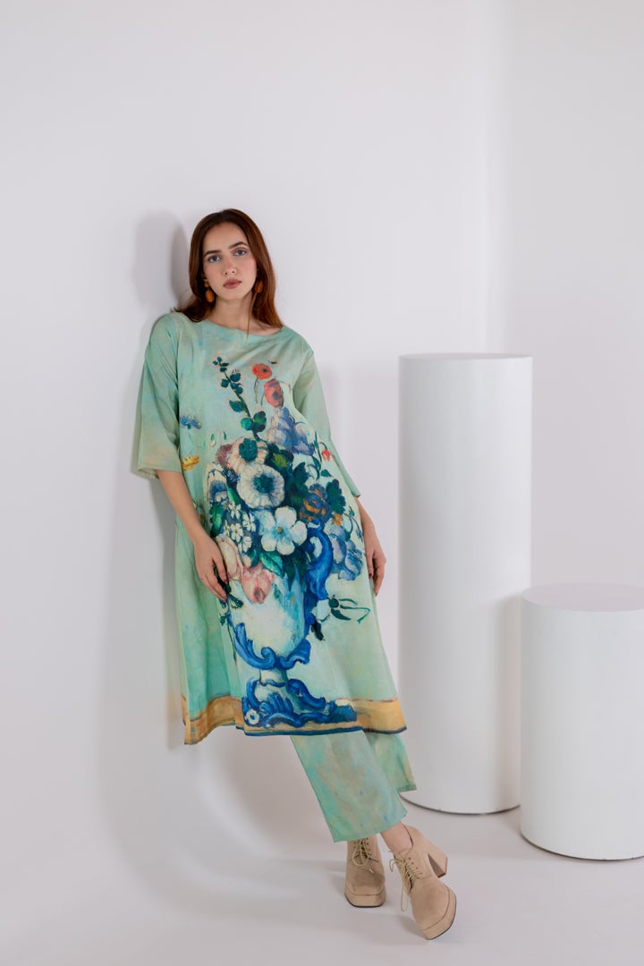 Aqua Green Printed A-Line Kurta and Pant Set