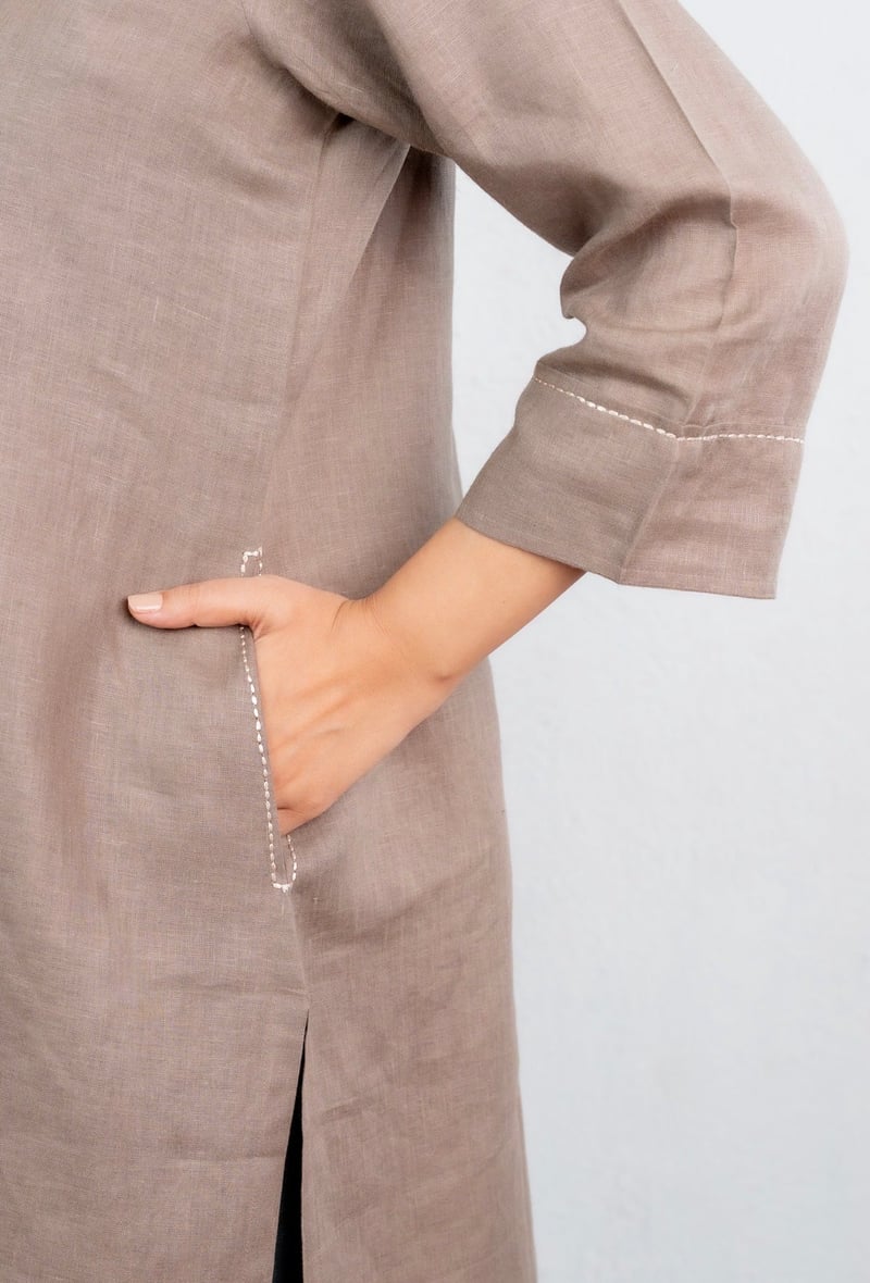 Taupe Linen Straight Kurta with Green Pant Set