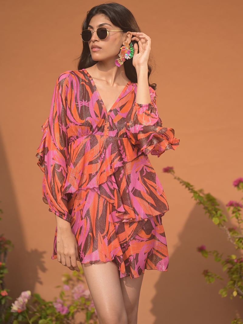 Multicolor Shimmer Georgette Tiered Ruffle Mini Dress