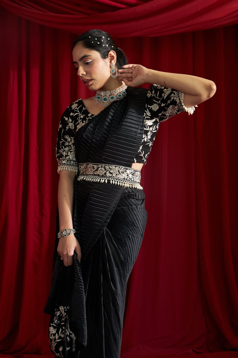 Black Pre-Pleated Saree Set with Embroidered Blouse and Belt