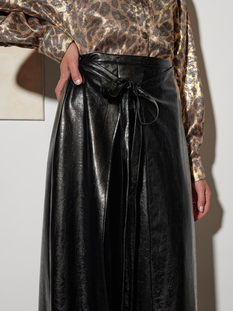 Coal Black Faux Leather Wrap-Tie Midi Skirt