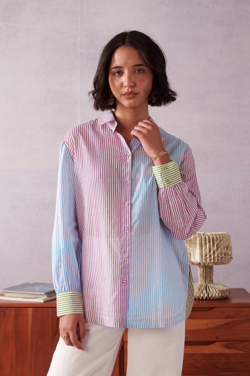 Blue/Pink Striped Panelled Cotton Shirt