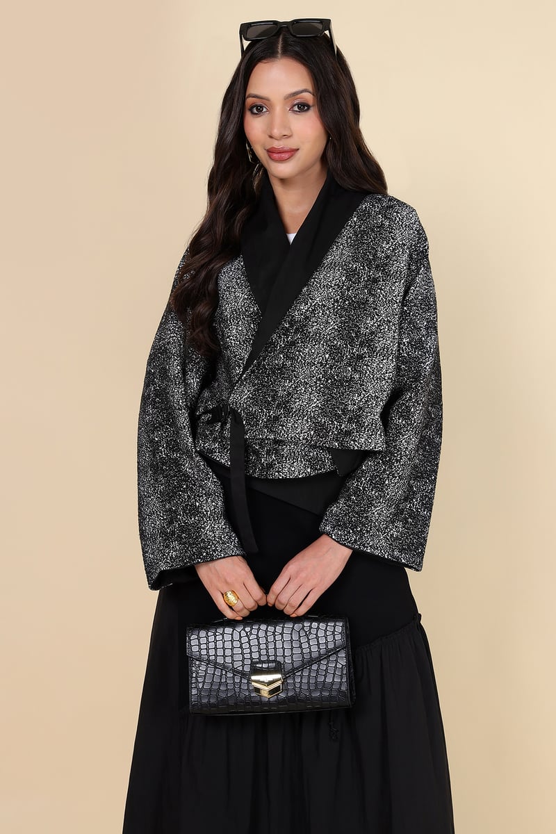 Black/Grey Cropped Wrap Jacket with Lapel Collar