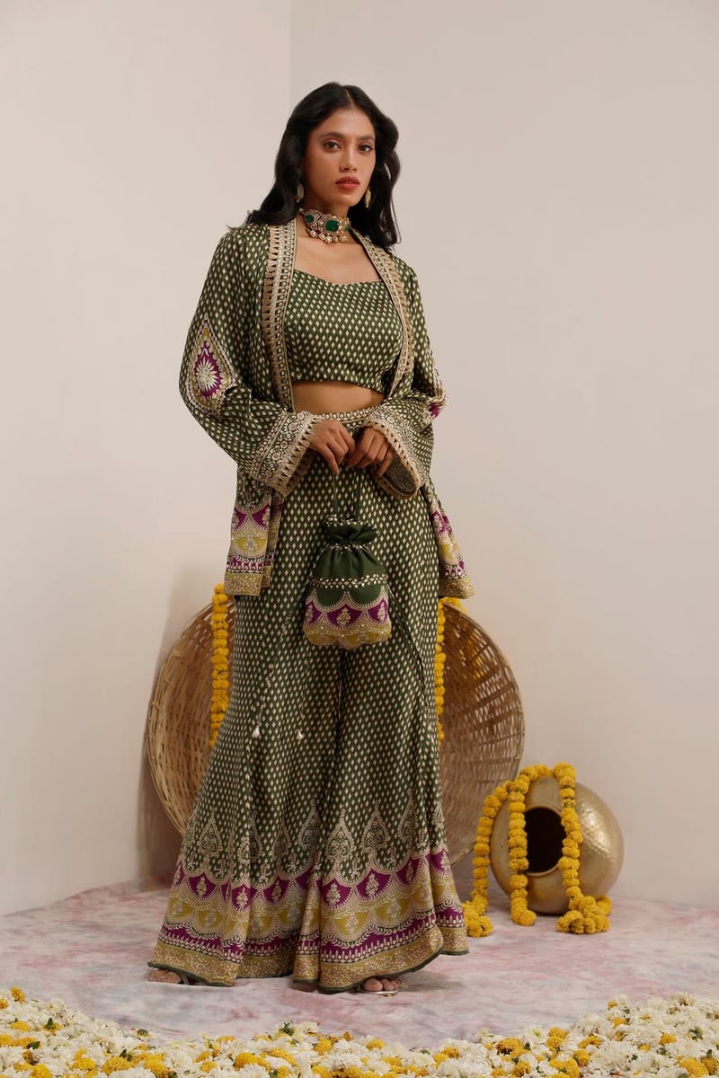 Olive Green Printed Blazer, Blouse and Sharara Co-ord Set — Surkh Syahi