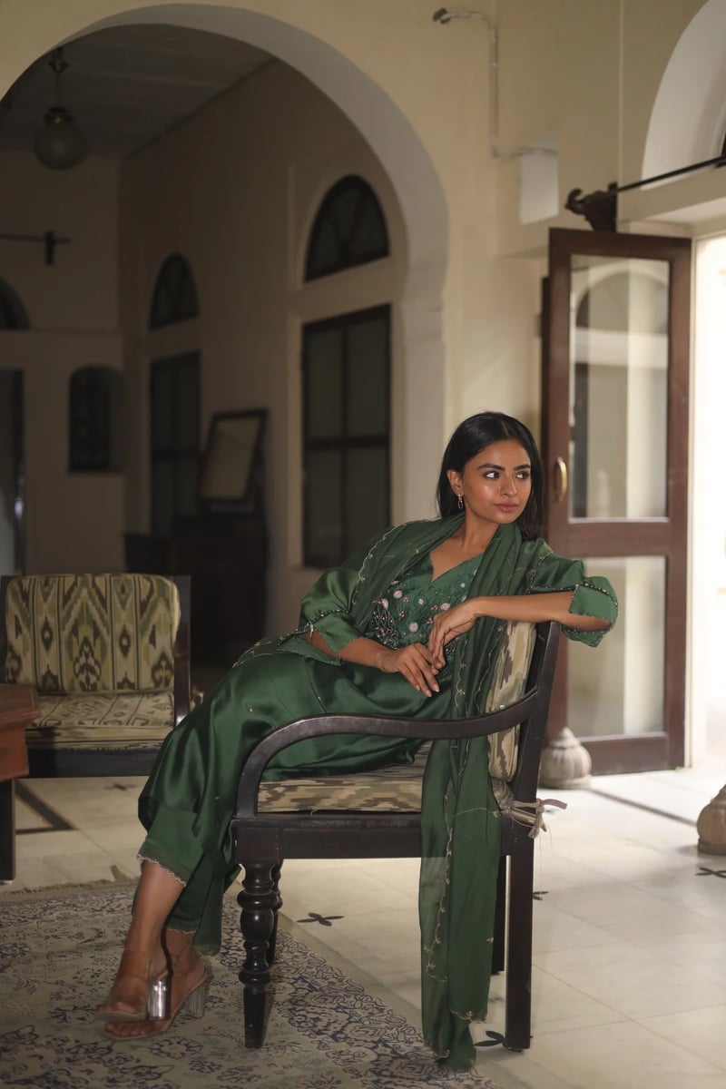 Bottle Green Chanderi Embellished Yoke Kurta Set