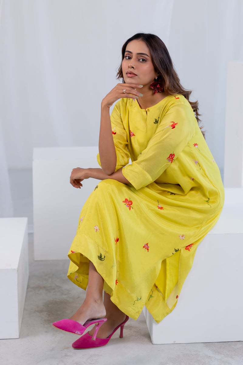 Lime Green Silk Voile Floral Printed Kurta Set with Pants
