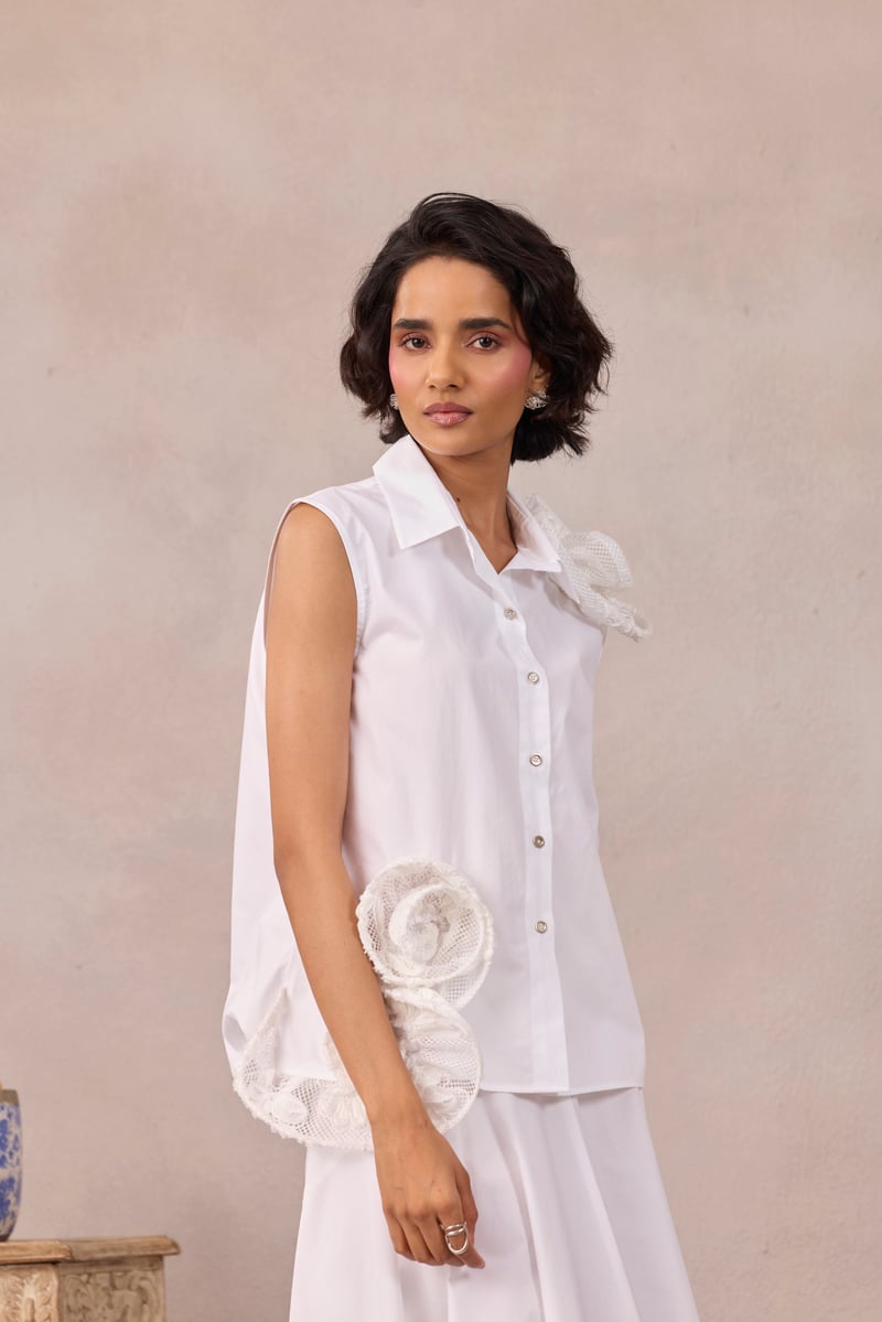 Bright White Sleeveless Shirt with 3D Rosette Detail