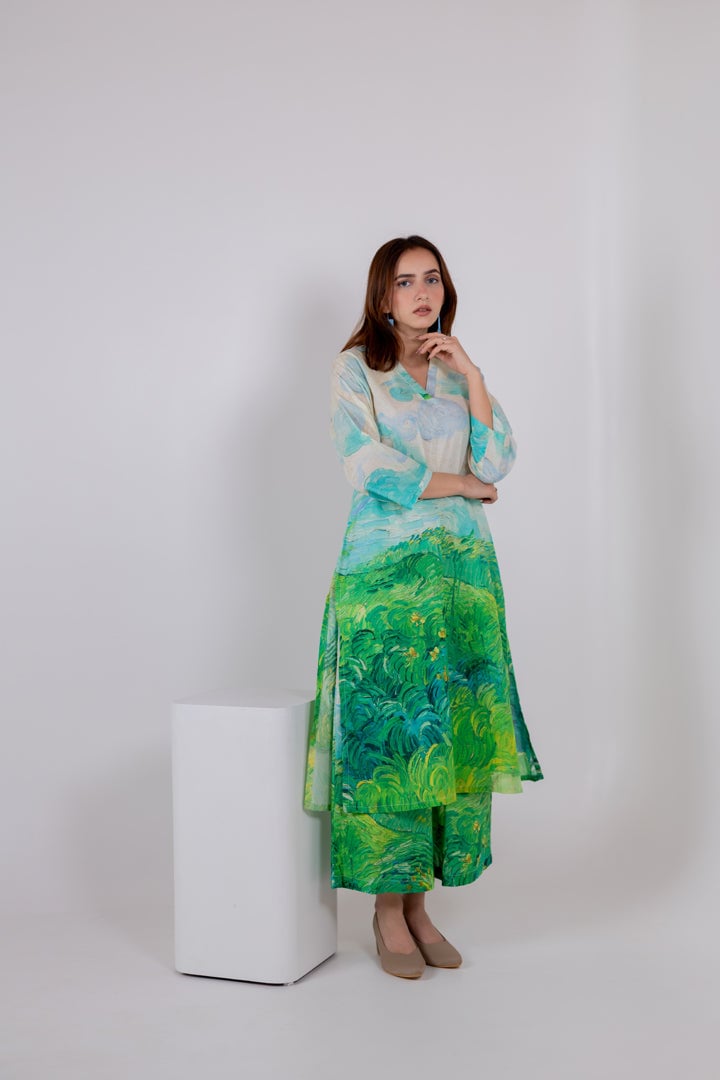Multicolor Landscape Print Cambric Cotton Kurta Set