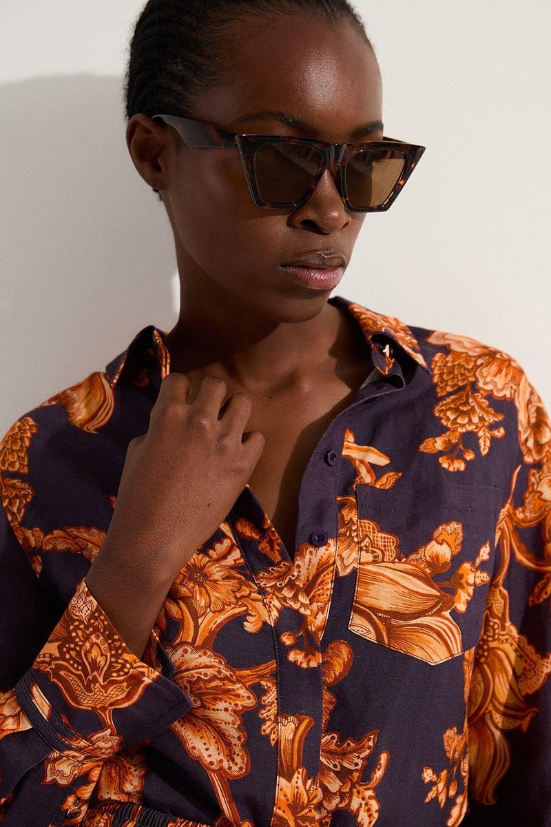 Navy Orange Floral Print Relaxed Fit Button-Front Shirt