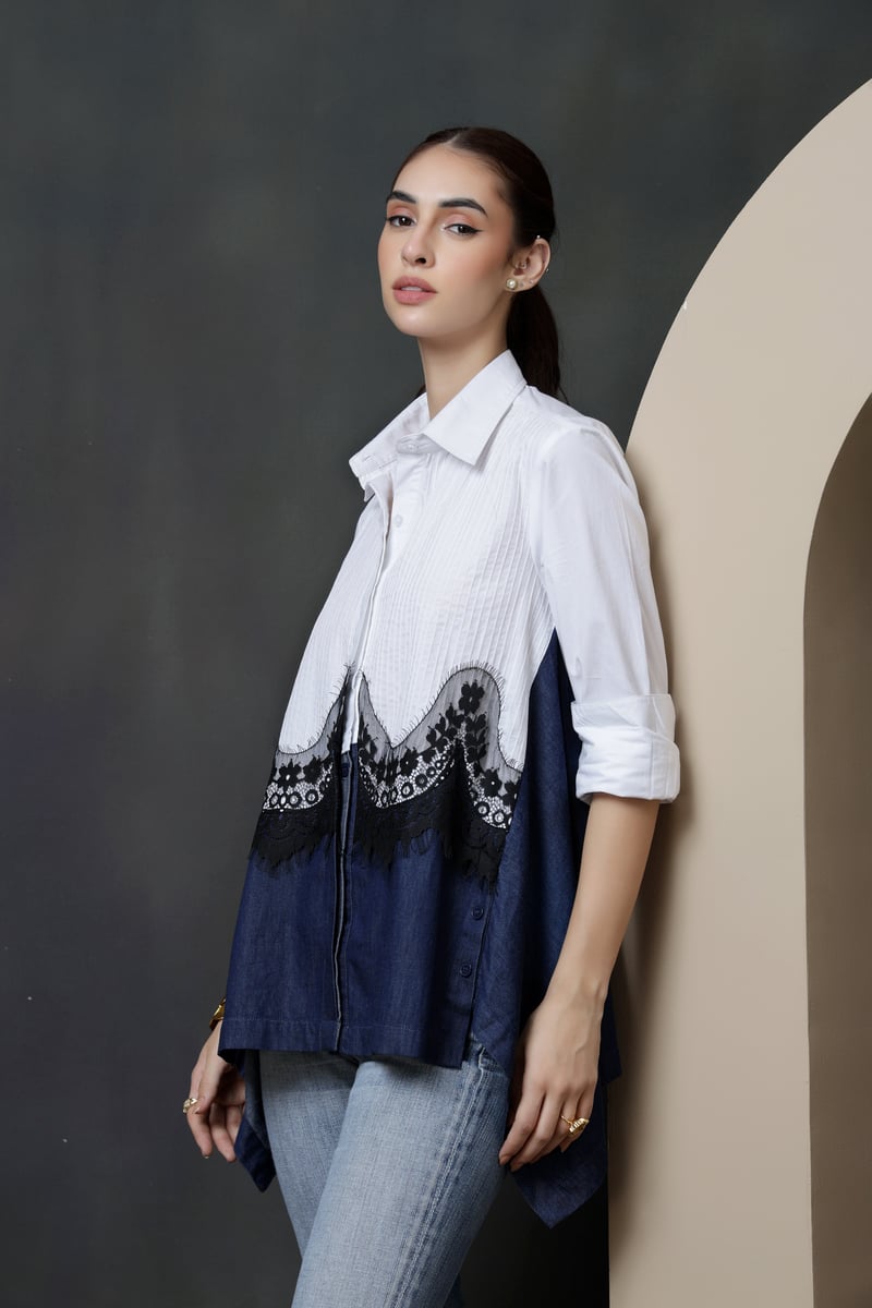 White and Dark Denim Colorblock Lace Panel Shirt