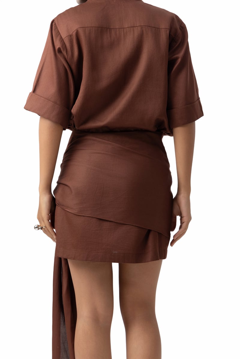 Espresso Cotton Mini Shirt Dress with Hip Tie-Up Drape