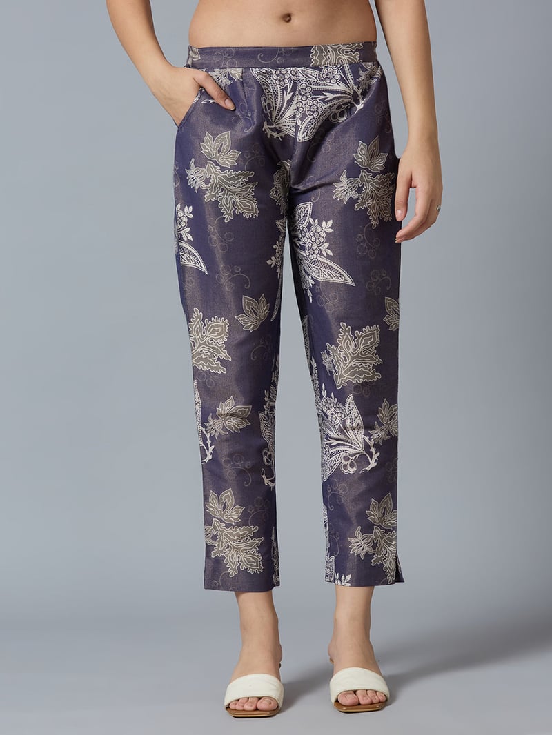 Navy Metallic Floral Printed Straight-Leg Trousers — Cloth Haus
