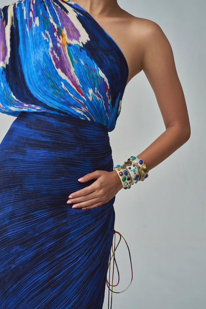 Blue One-Shoulder Micro-Pleated Midi Dress