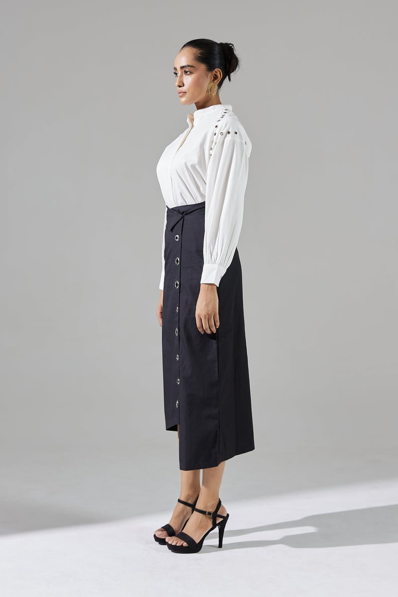 Black and White Shirt and Midi Skirt Co-ord Set