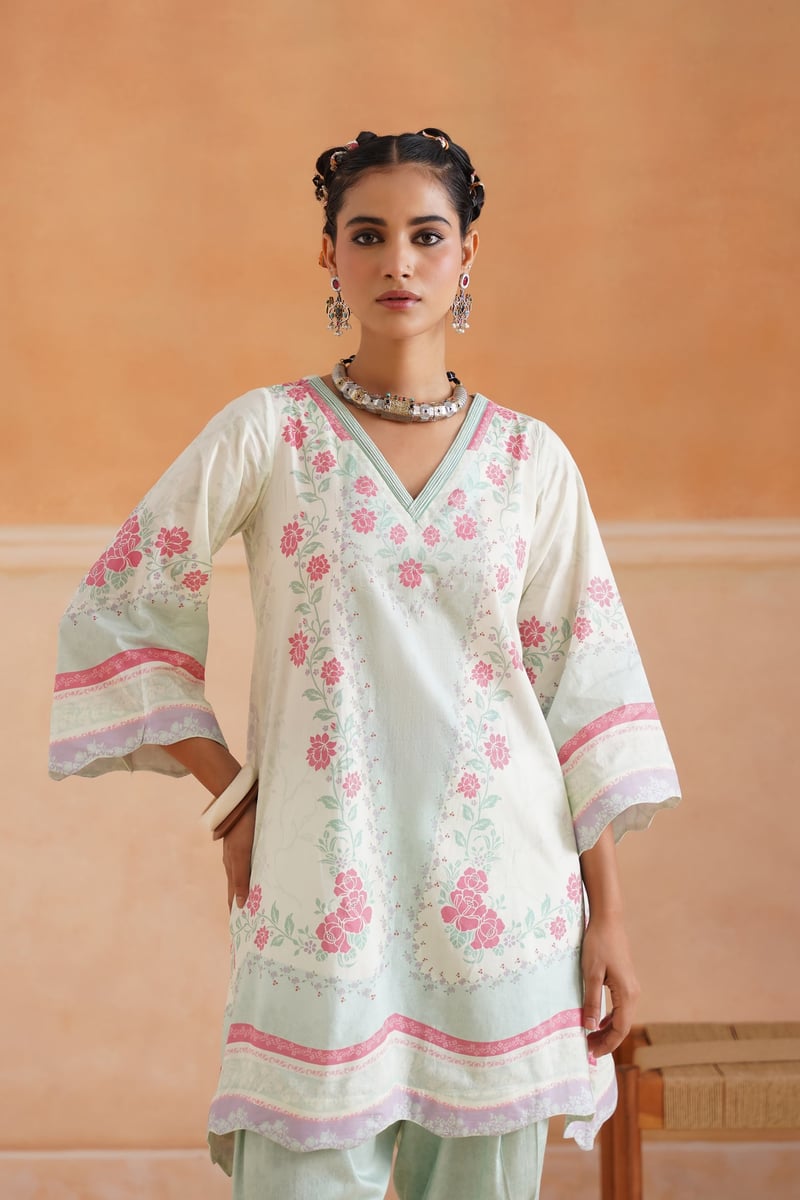 Mint Floral Printed Lawn Cotton 3-Piece Kurta Set