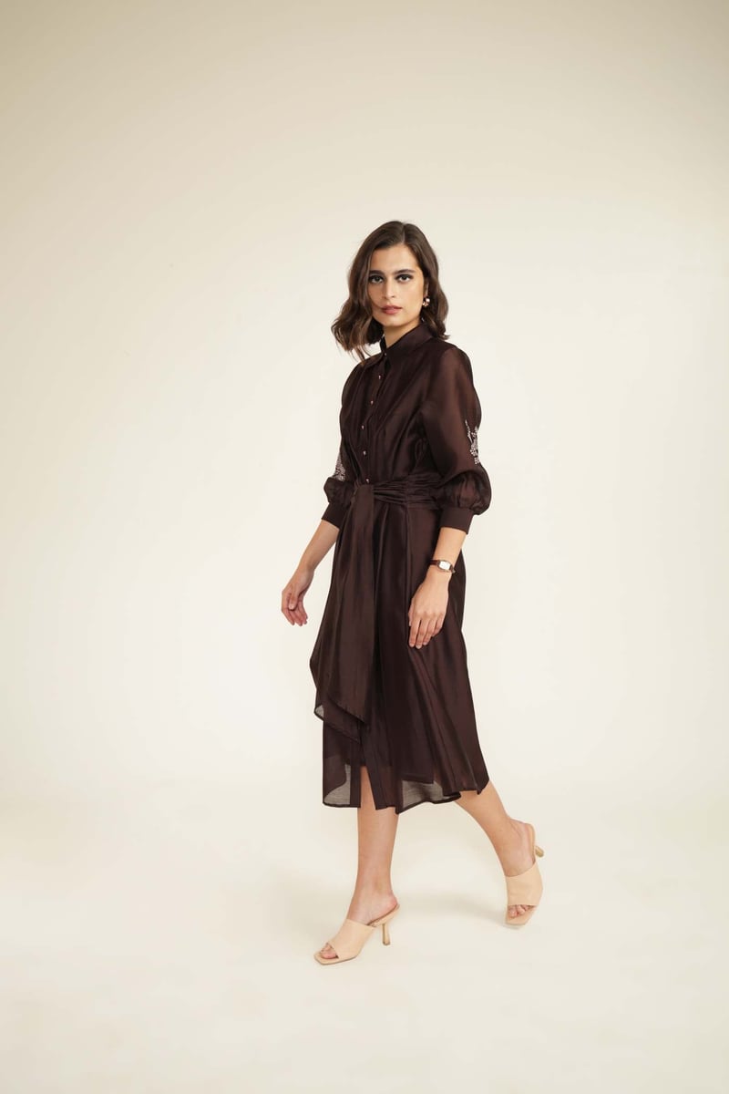 Grape Silk Chanderi Midi Shirt Dress With Hand Embroidery