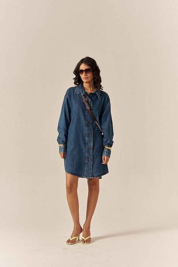Blue Denim Relaxed Shirt Dress with Pockets
