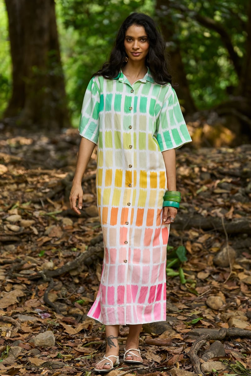 Multicolor Printed Midi Shirt Dress with Button-Down Front