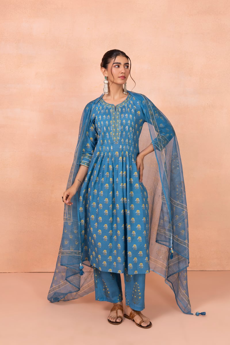 Blue Floral Printed Cotton Kurta Set with Dupatta