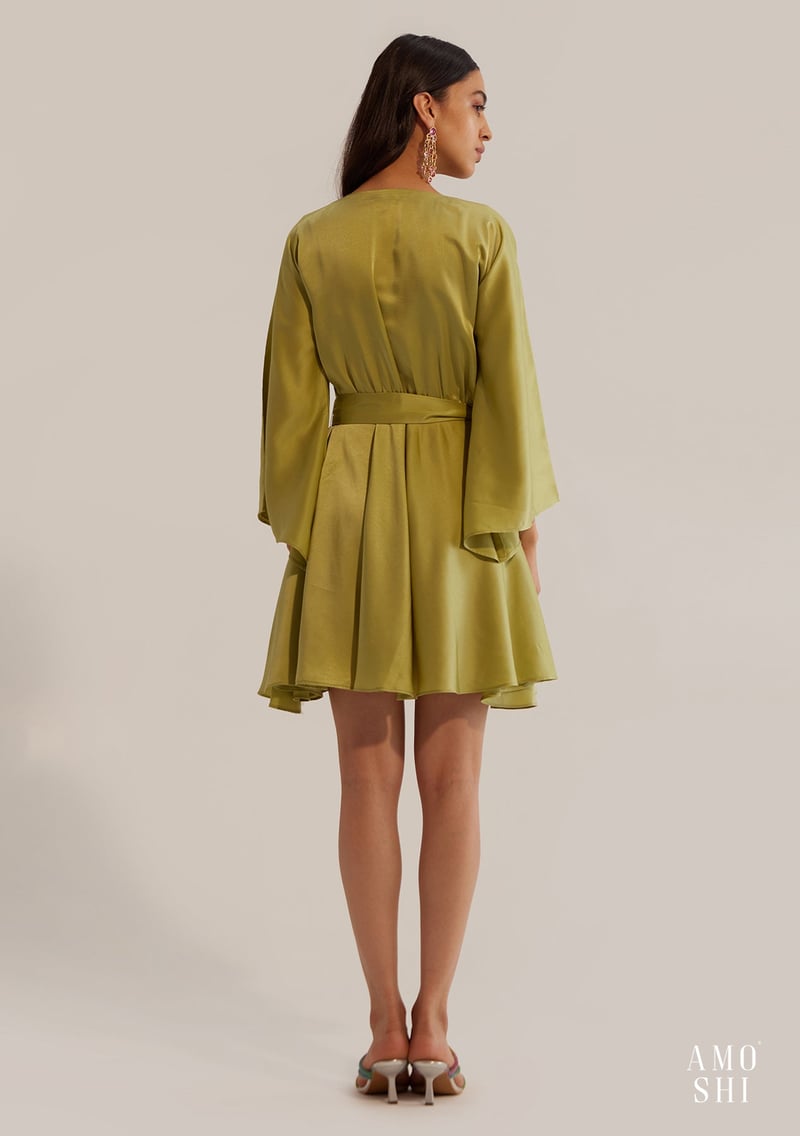 Pear Green Satin Fit and Flare Mini Dress with Belt