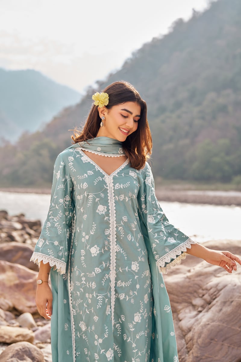 Blue Cotton Embroidered Kurta Set with Dupatta