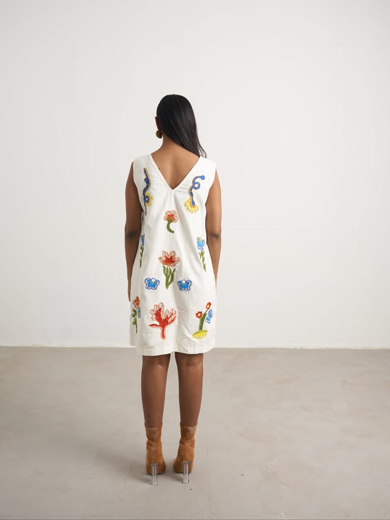 Off White Canvas Shift Dress with Multicolour Patchwork Motifs