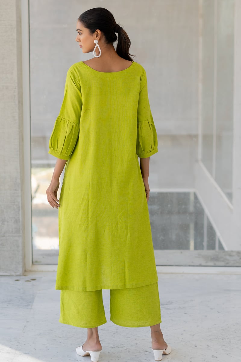 Green A-Line Kurta with White Floral Embroidery