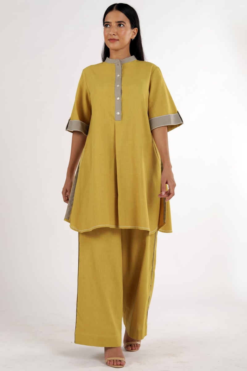 Ochre Mandarin Collar Tunic and Tapered Pants Co-ord Set