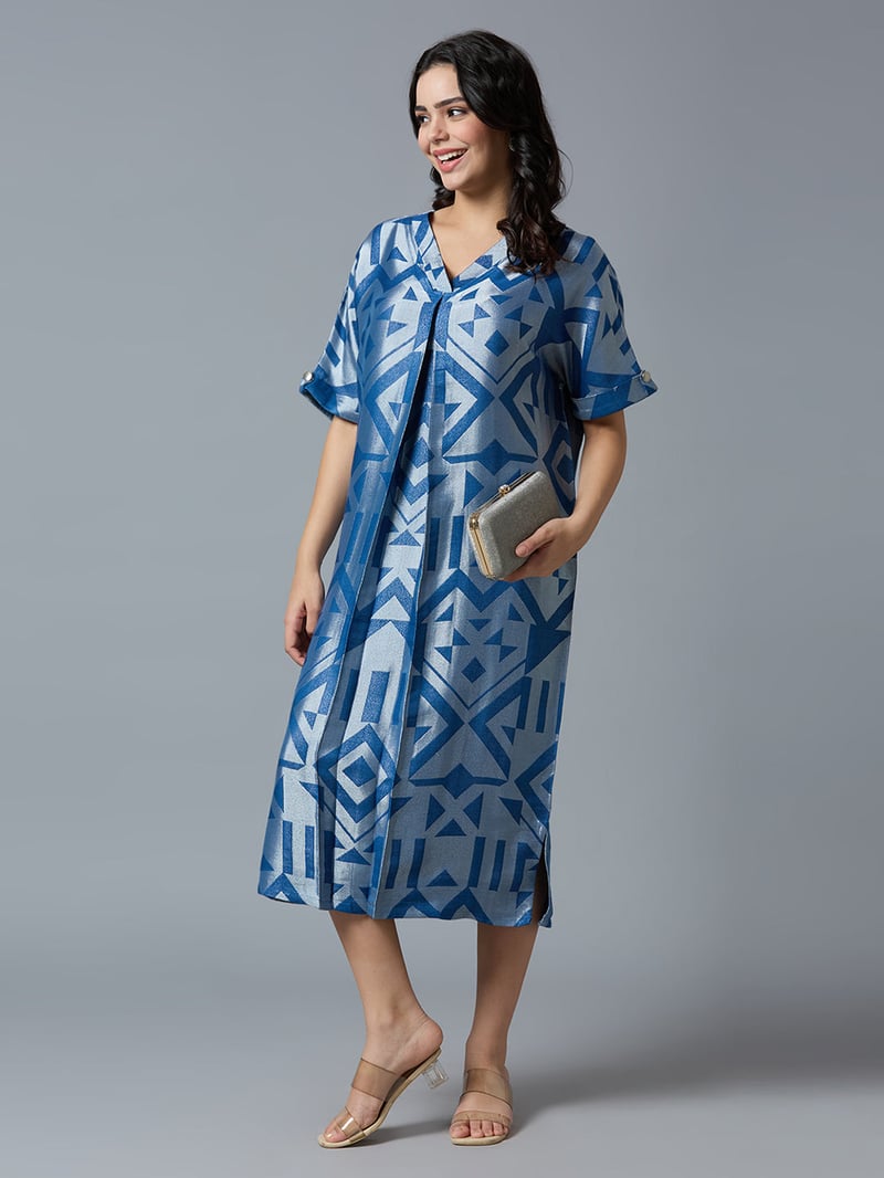 Denim Blue/Silver Geometric Brocade Midi Dress