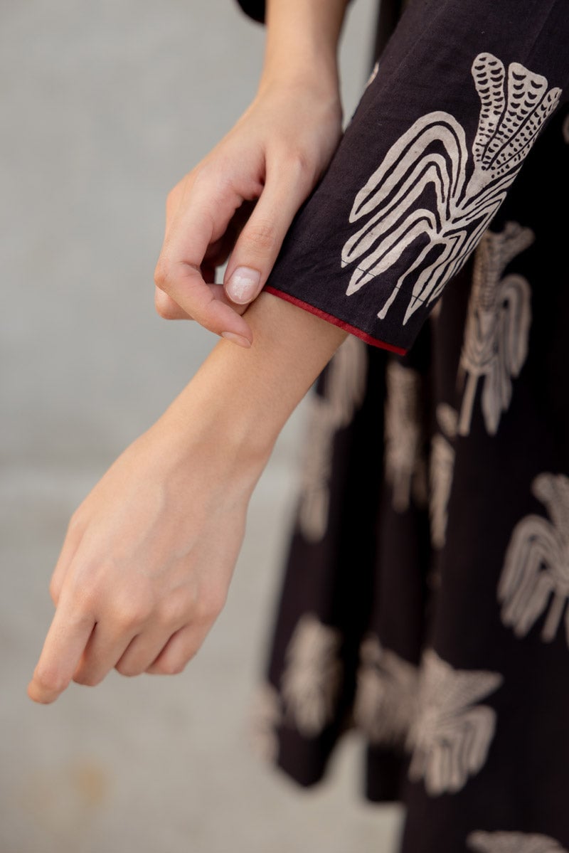 Black Block Print Fit and Flare Maxi Dress