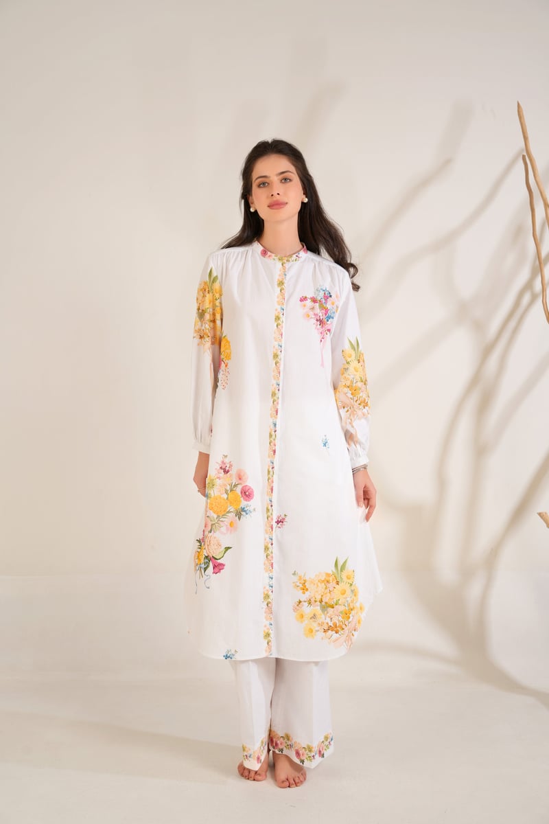 White Floral Printed Kurta and Trouser Set — Moh India