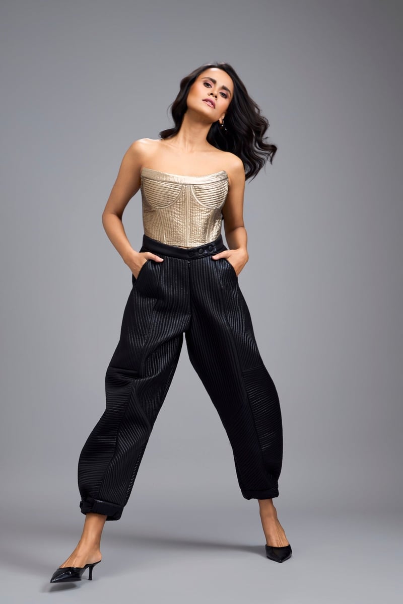 Black High-Rise Quilted Tapered Trousers