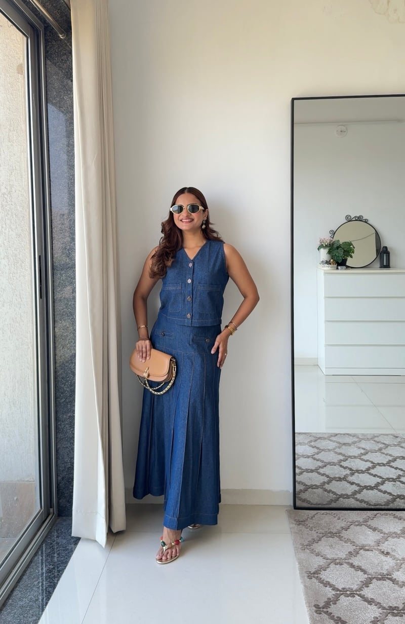 Blue Denim Vest and Pleated Midi Skirt Co-ord Set