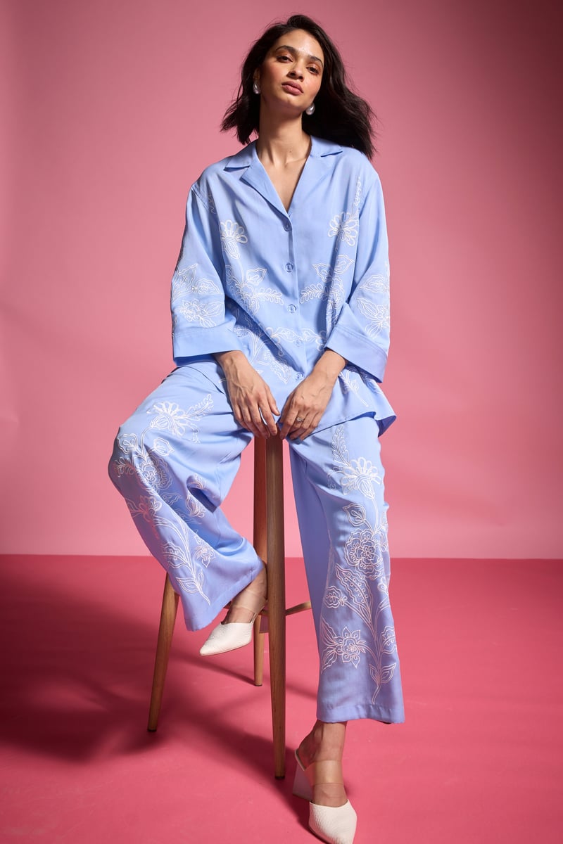 Pastel Blue Tencel Straight-Leg Embroidered Trousers
