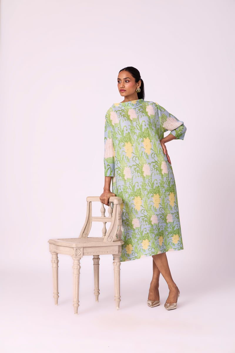 Light Blue Pleated Floral Midi Dress with Belt