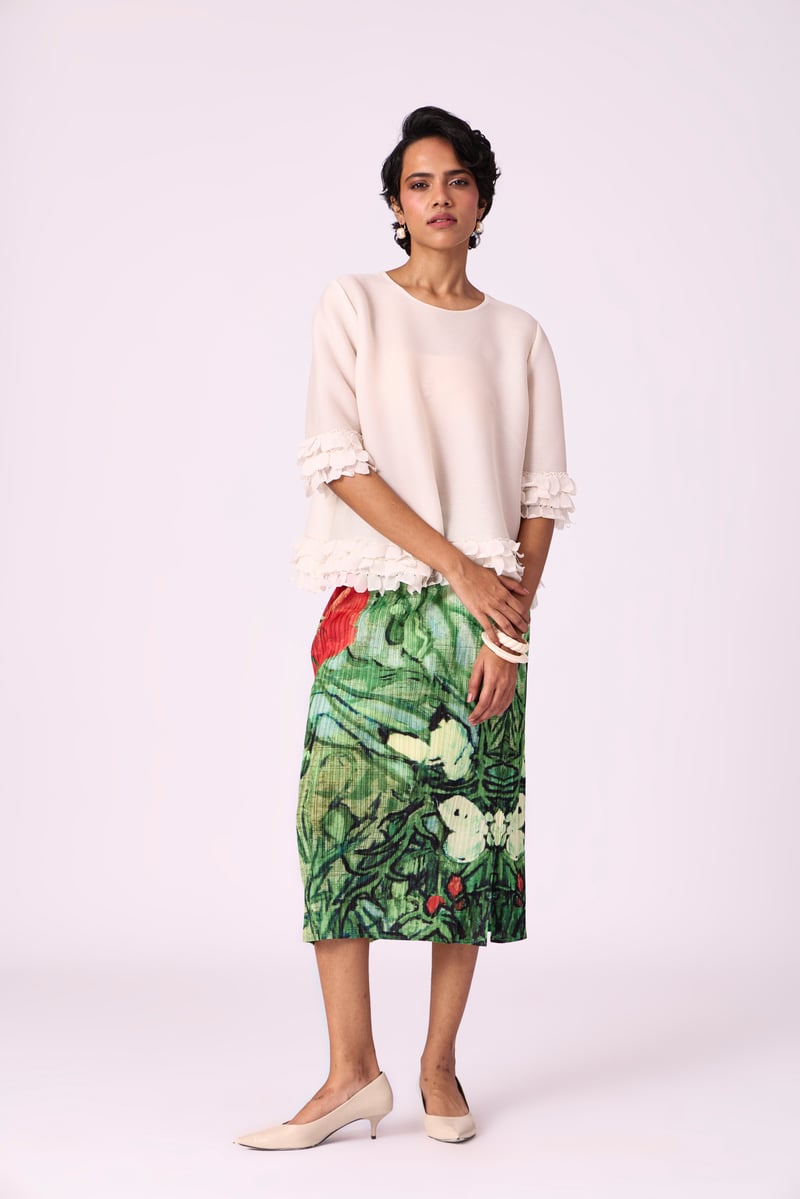 Ivory Pleated A-Line Top with Organza Scallop Hem