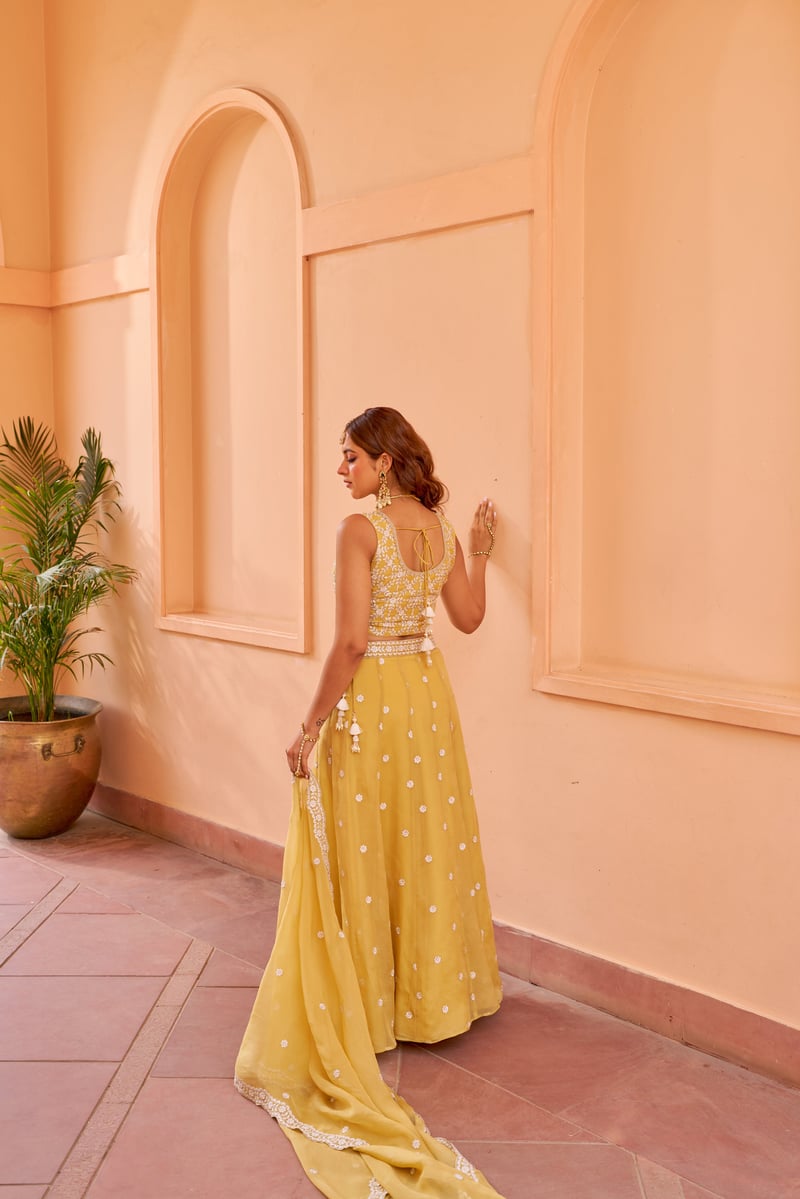 Yellow Organza Embroidered Lehenga Set with Dupatta