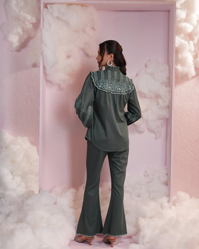 Bottle Green Embroidered Shirt and Flared Pants Co-ord Set