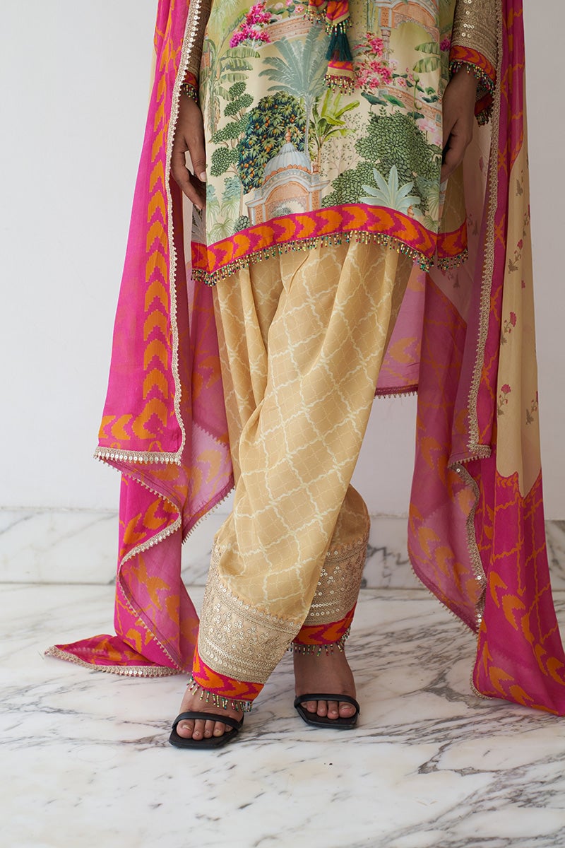 Mustard Yellow Printed Kurta Set with Mirror Work