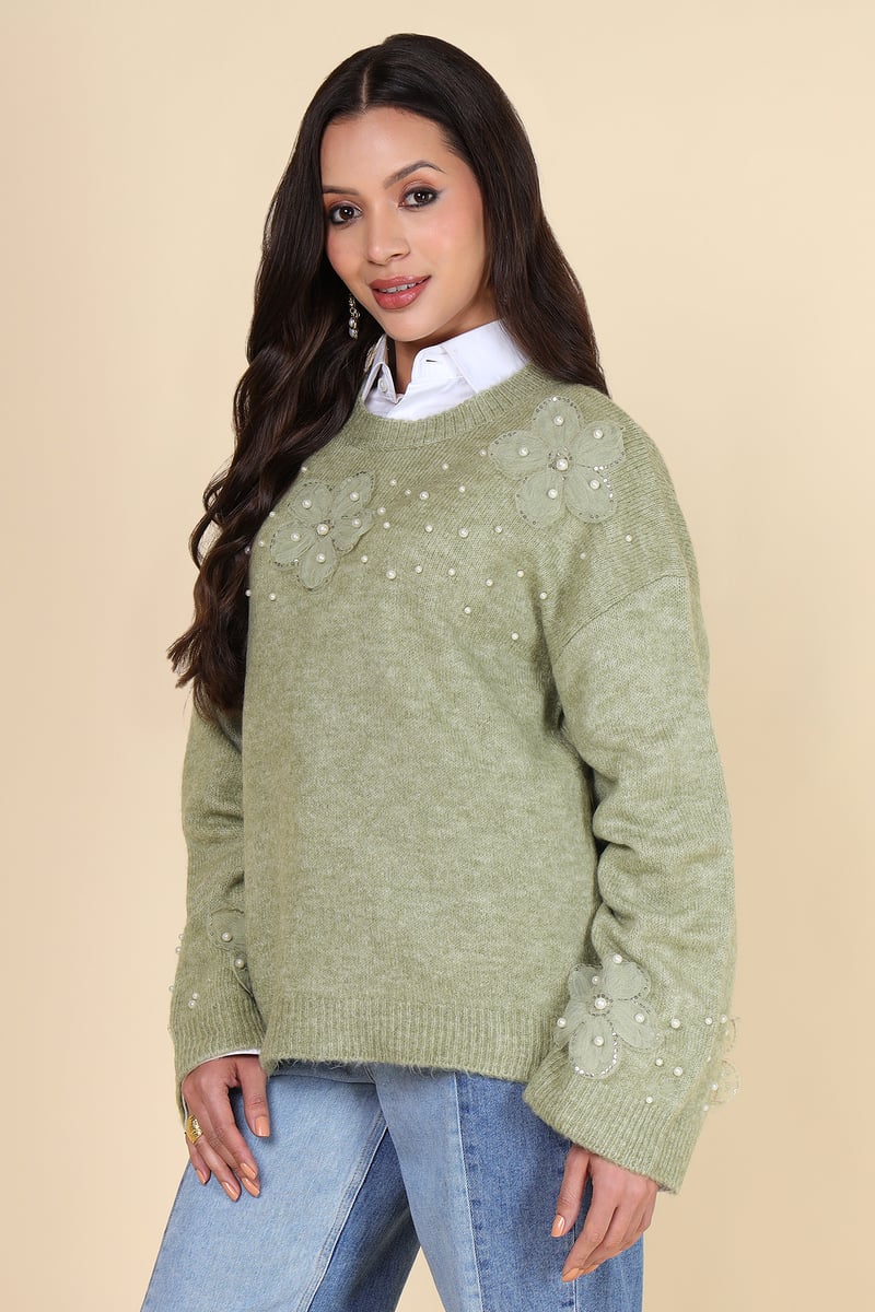 Green Floral Applique Embellished Pullover Sweater