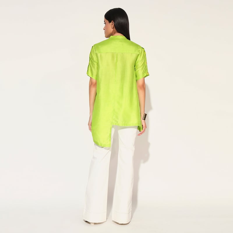 Lime Green Longline Mandarin Collar Button-Down Shirt