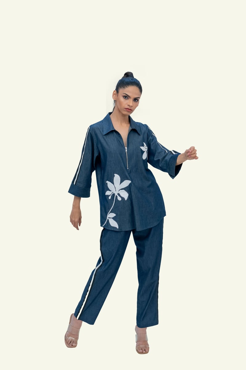 Blue Denim Cotton Shirt with Embroidery — Richa Goenka