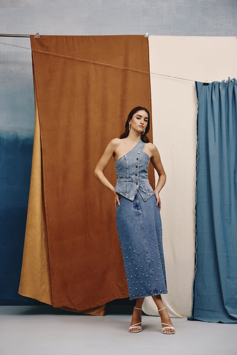 Deep Indigo Studded Denim High-Waist Midi Skirt