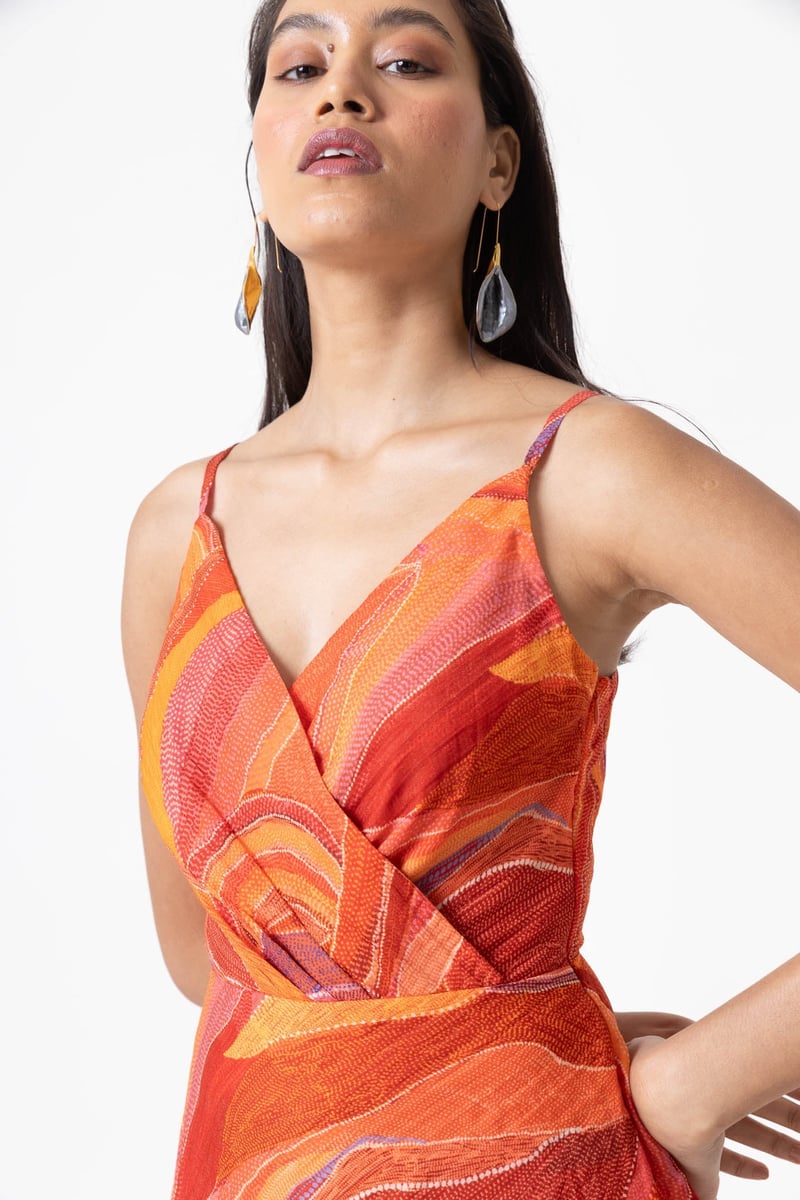 Orange Multicolor Abstract Print Fit and Flare Midi Dress