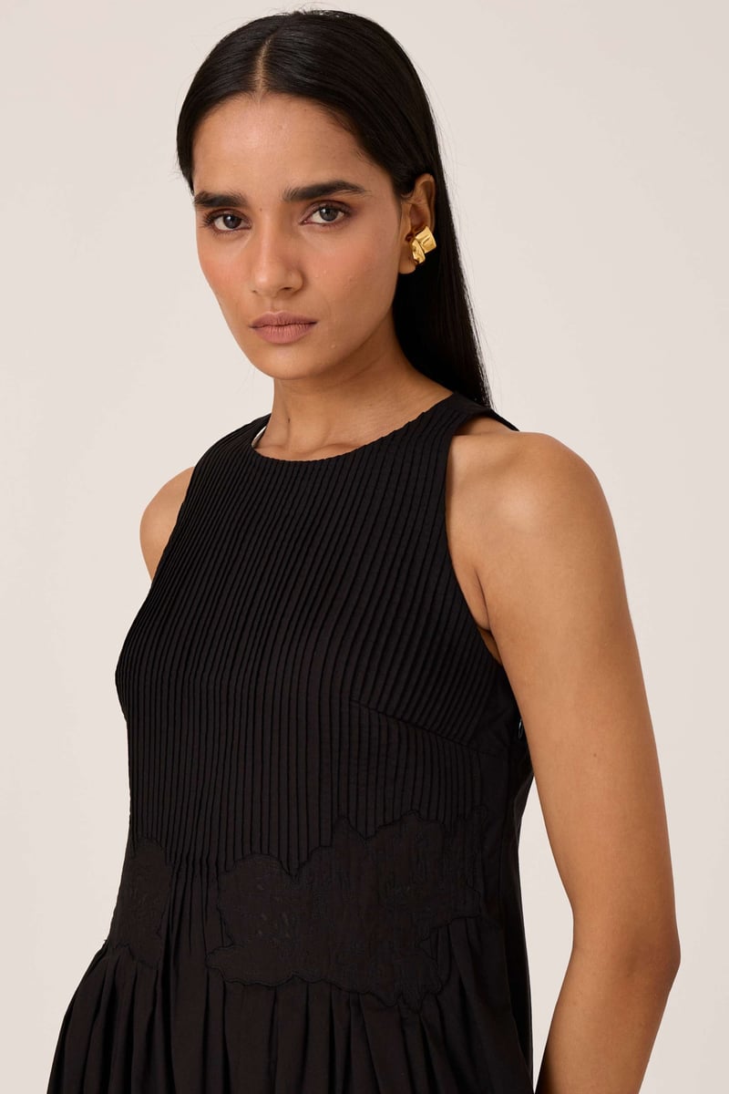 Black Pintuck Bodice Embroidered Maxi Dress