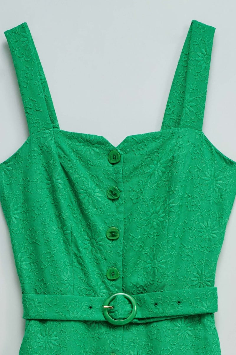 Medium Green Embroidered Belted Cropped Jumpsuit