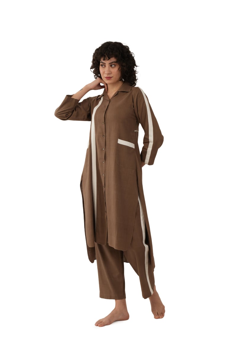 Brown Handwoven Cotton Kurta and Pant Co-ord Set